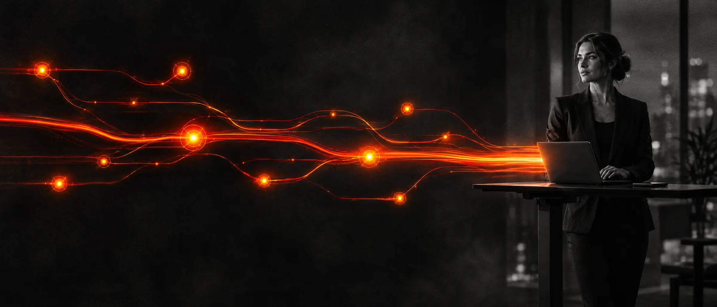 An operations manager at her laptop as orange workflow lines branch out across the room