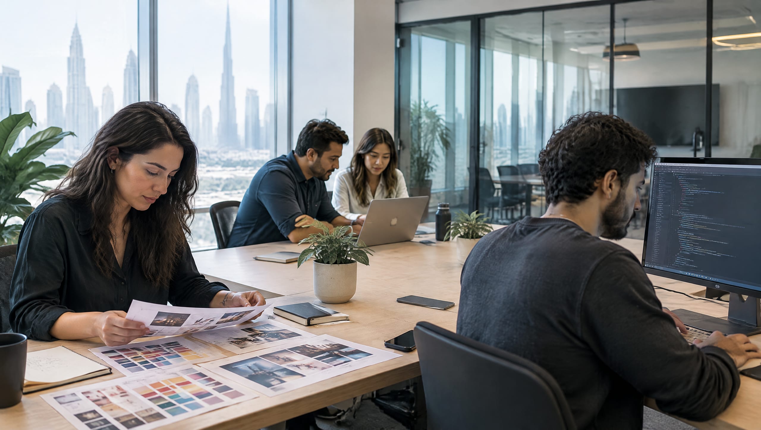 A digital team at work in a bright office overlooking the Dubai skyline