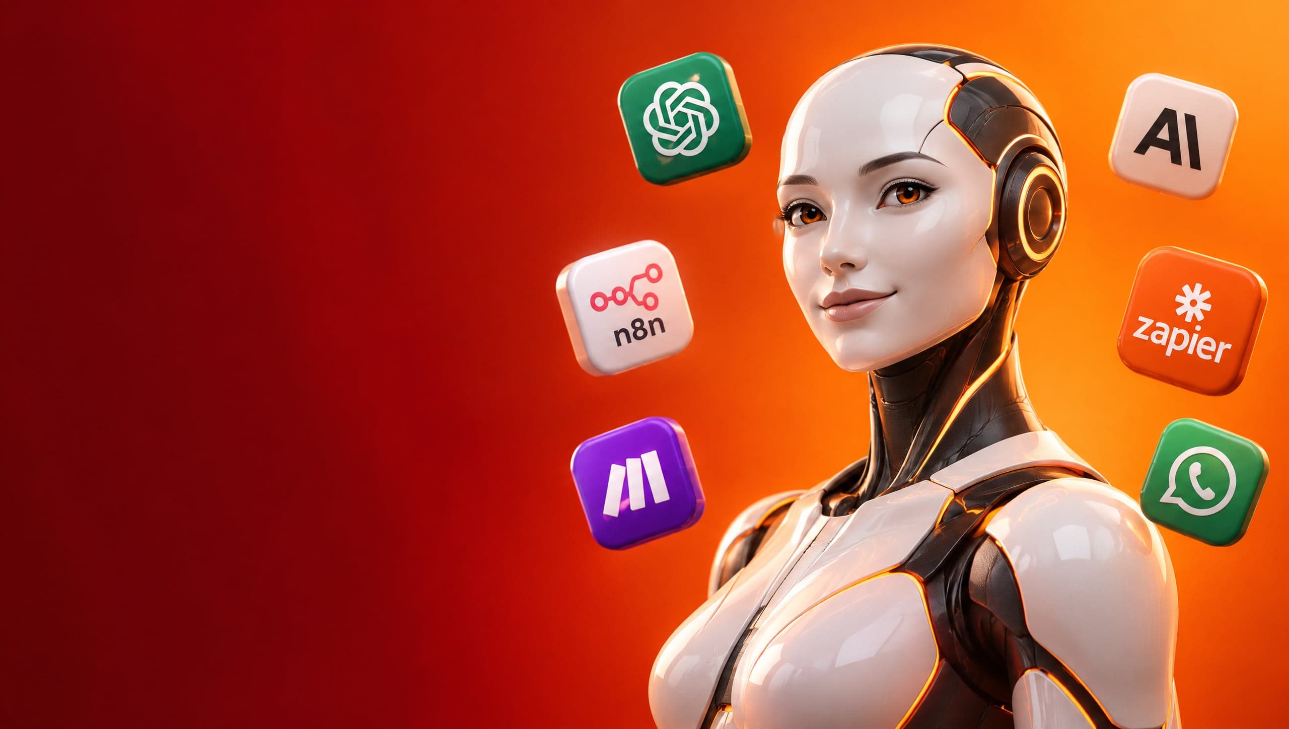 A white humanoid AI robot surrounded by AI and automation tool icons