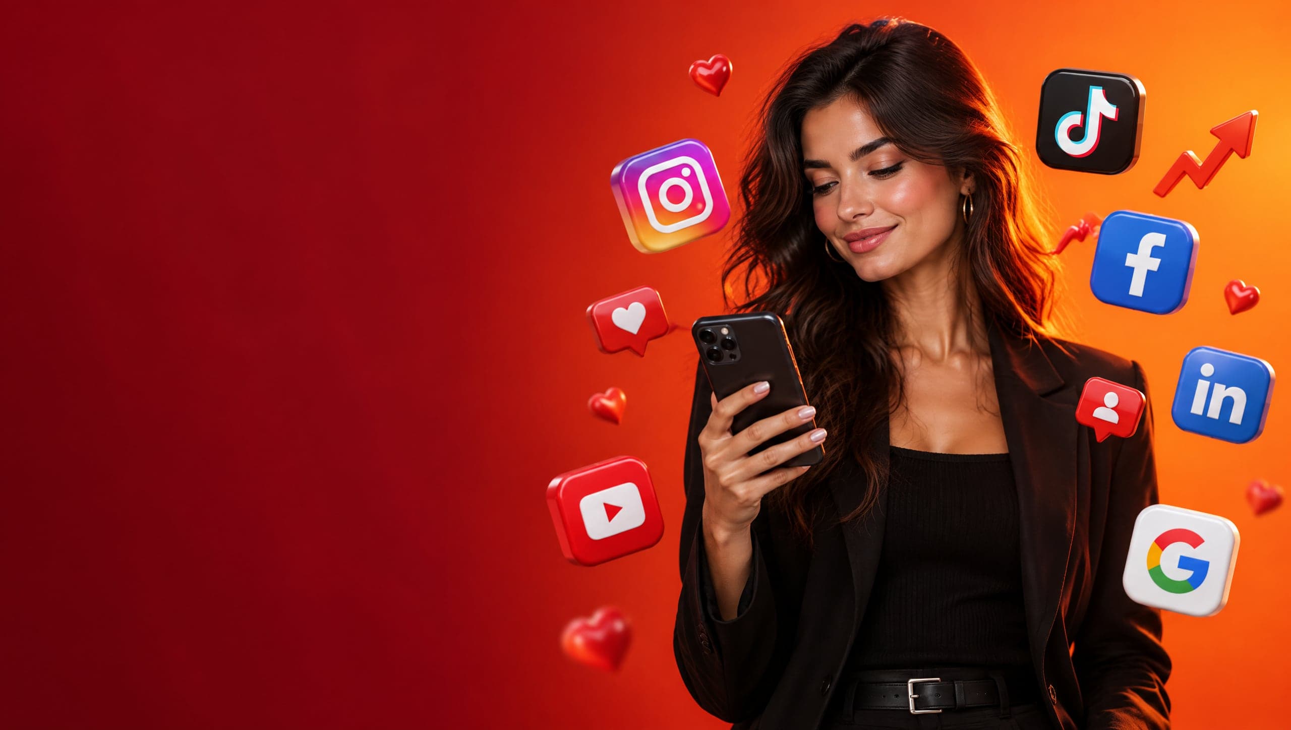 A content creator on her phone surrounded by social media and search platform icons