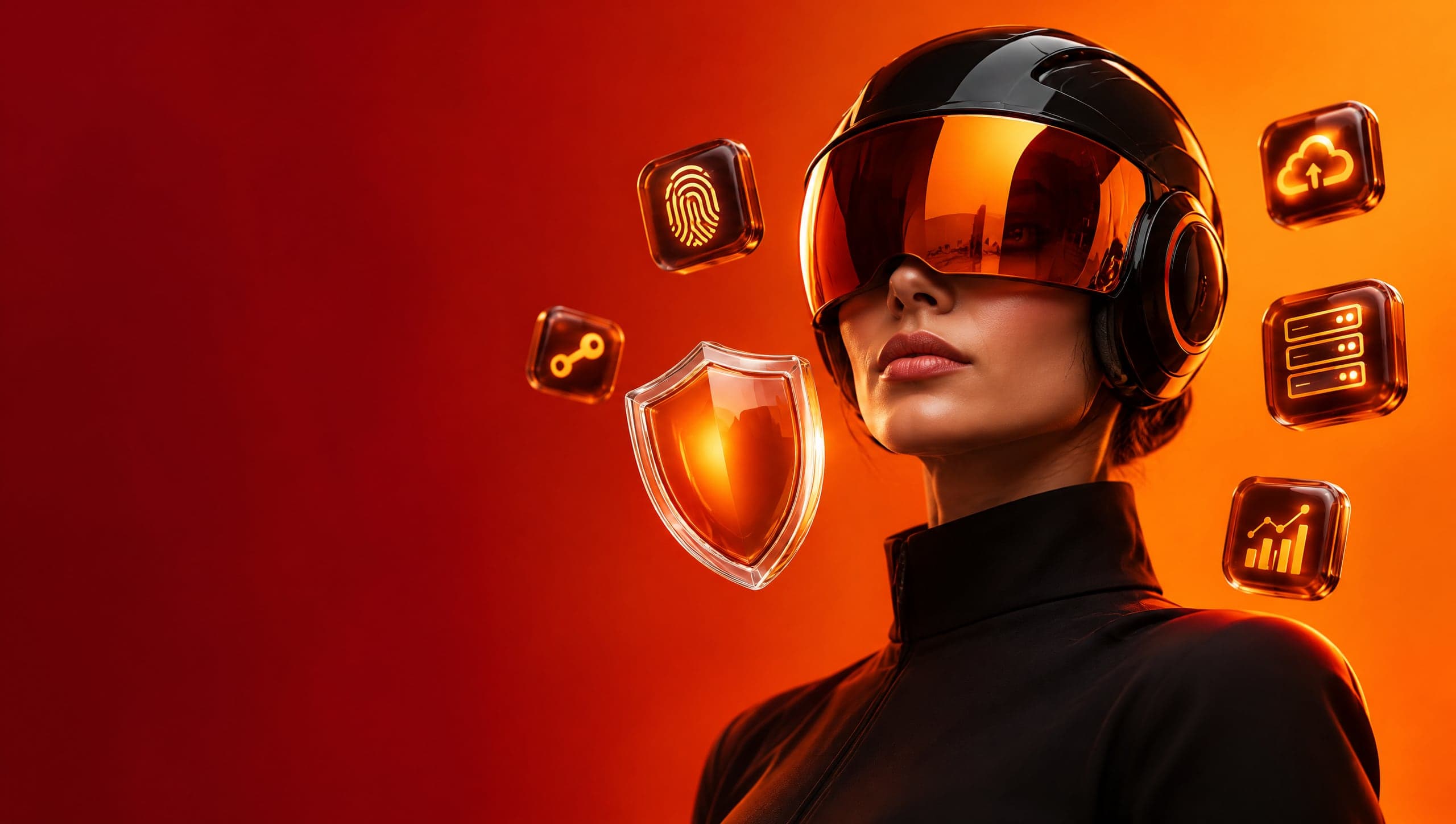 A figure in a reflective visor helmet surrounded by data and security icons
