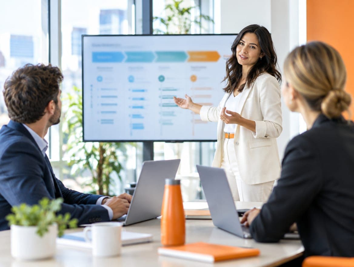 Sales team reviewing a pipeline on a large screen