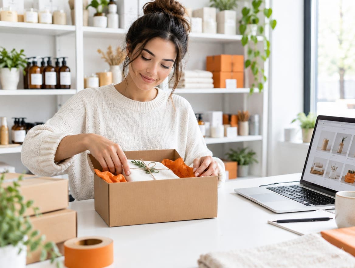 Online store owner packing an order in her studio