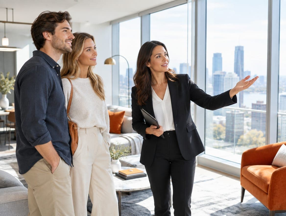 Real estate agent showing a couple around a bright apartment