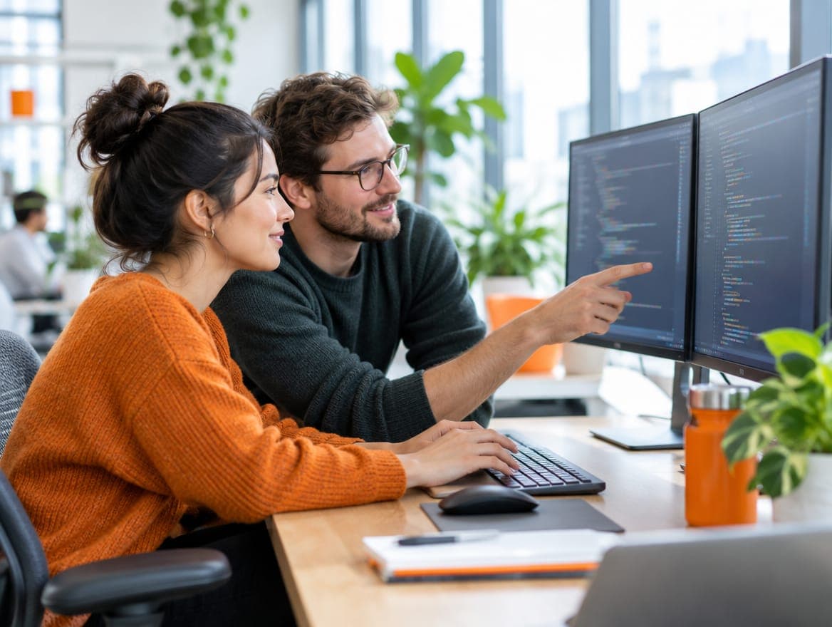 Two developers discussing code at a dual-monitor desk