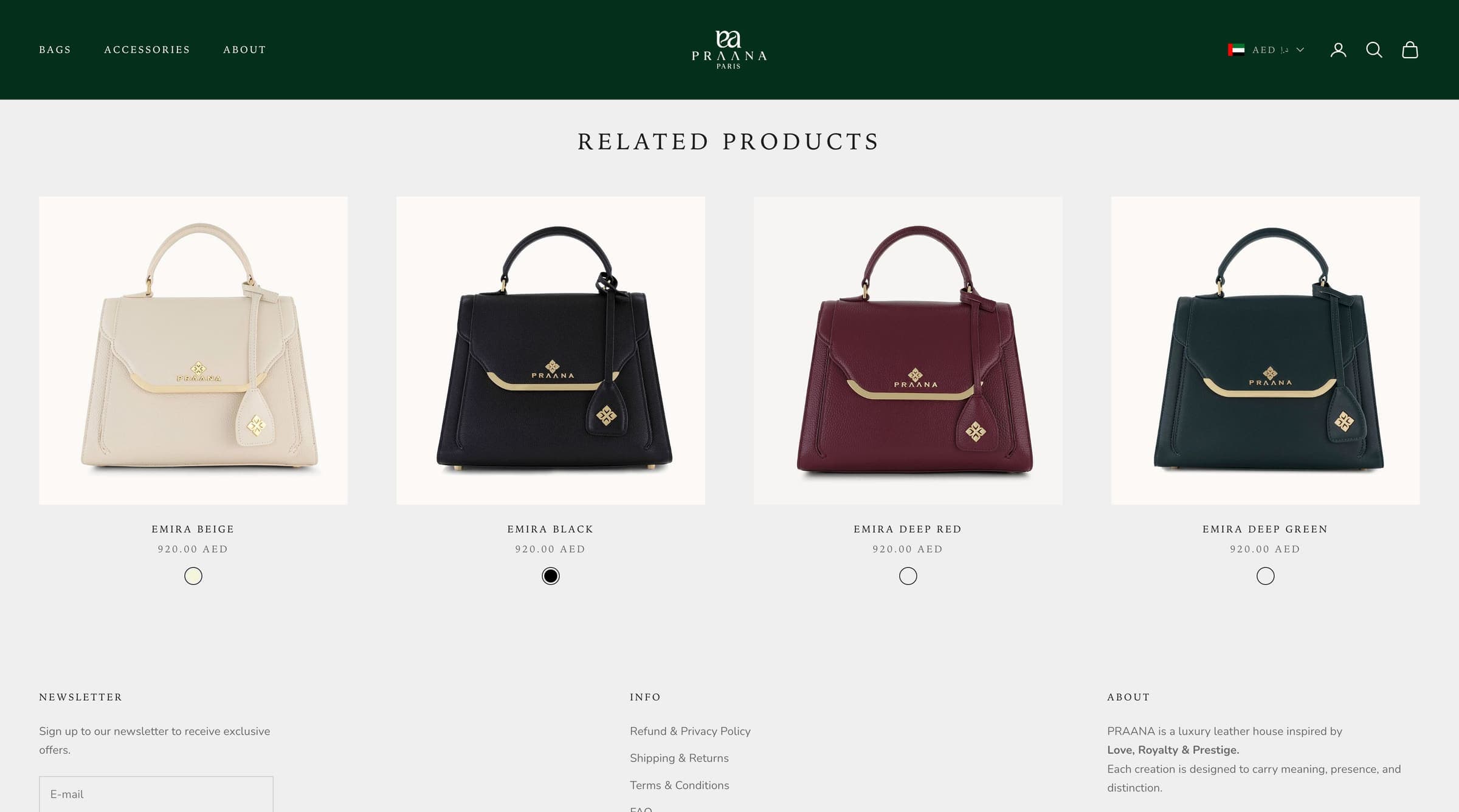 Praana Paris website, further section