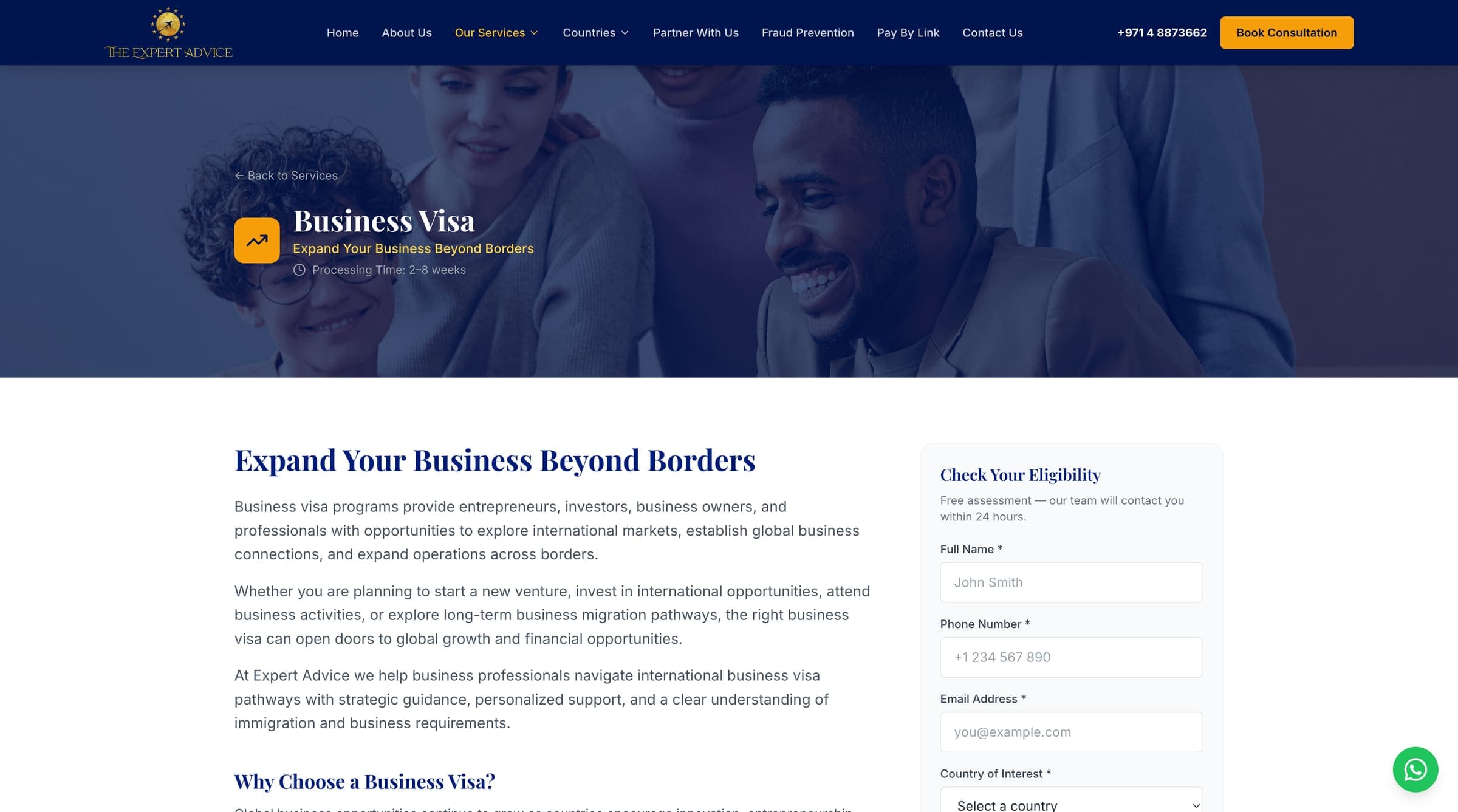 The Expert Advice website, inner section